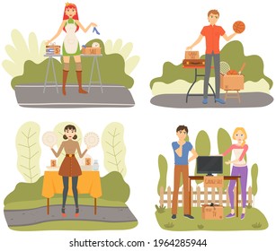 Set of illustration about selling on garage sales in sunny day. Event for sale of used things for low price in backyard. Free time outdoor activity event vector illustration. Discounts on non-new item