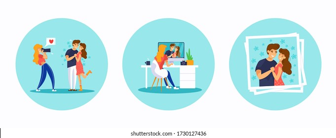  Set illustration about the work of the photographer. Girl take a picture of a couple in love. Young woman is retouching a photo at a computer. A stack of printed pictures. Vector cartoon characters.