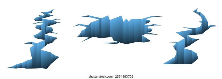 Set illustration of abstract crack shapes in gradient blue hues. The design showcases jagged and fragmented patterns on a clean white background, ideal for creative projects and modern graphics