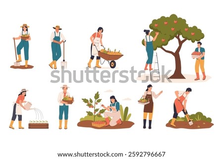 Set illustration of agricultural workers concept. Agricultural workers planting crops, gathering harvest. Illustration for website, landing page, mobile app, poster and banner.