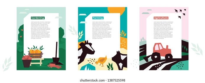 Set of illustration agro, farm and gardening for print design. Garden harvest scene with equipment. Vector illustration of a tractor plows a field. Farm landscape with cow, pig and chicken