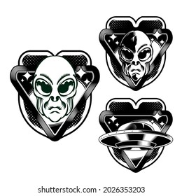 Set Illustration of Alien Badge emblem head for logo badge design vector element