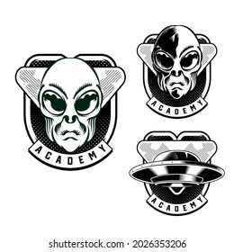 Set Illustration of Alien Badge emblem head for logo badge design vector element