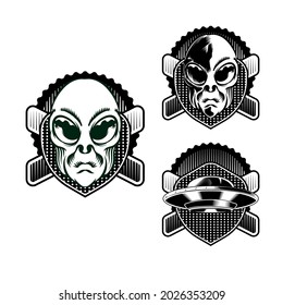 Set Illustration of Alien Badge emblem head for logo badge design vector element