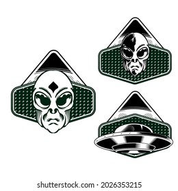 Set Illustration of Alien Badge emblem head for logo badge design vector element