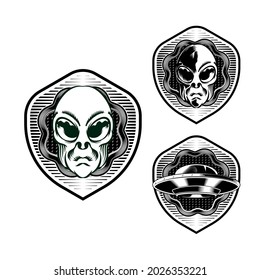 Set Illustration of Alien Badge emblem head for logo badge design vector element