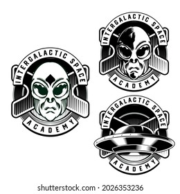 Set Illustration of Alien Badge emblem head for logo badge design vector element