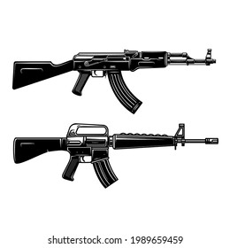 Set von Illustration der amerikanischen automatischen Angriffsgewehr. Design-Element für Logo, Label, Zeichen, Emblem, Poster. Vektorgrafik