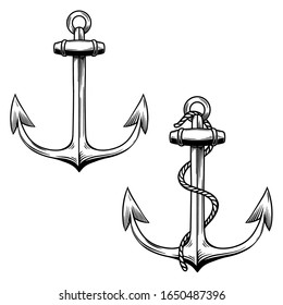 Set of illustration of anchor in engraving style. Design element for emblem, sign, poster, card, banner, flyer. Vector illustration