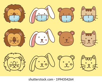 Set of Illustration animals and pets with face mask, Cute animal icon protect  Coronavirus(covid 19) and pm2.5, lion rabbit bear and cat cartoon