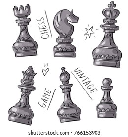Set illustration with antique vintage chess