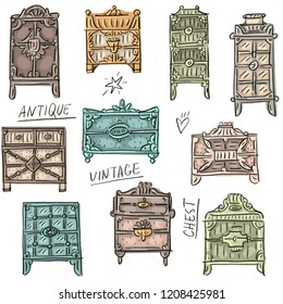 Set illustration with antique vintage chest