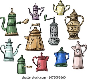 Set illustration with antique vintage coffee tea pots