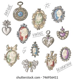 Set illustration with antique vintage decoration brooch