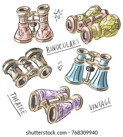 Set illustration with antique vintage opera glasses
