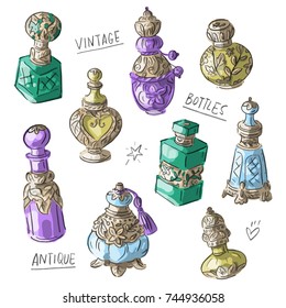 Set illustration with antique vintage parfume bottles