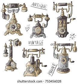 Set illustration with antique vintage phones