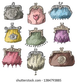 Set illustration with antique vintage purses, wallet, bags.