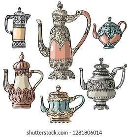 Set illustration with antique vintage teapots coffeepots