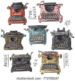 Set illustration with antique vintage typewriter