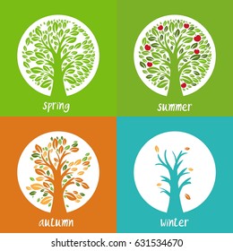 Set of illustration of apple trees in the circle in different season time. Vector