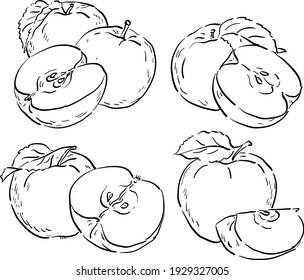 Set illustration with apples and apple slices on a white background
