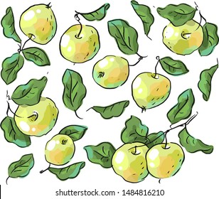 Set illustration with apples and leaves