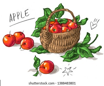 Set illustration with apples in a wicker basket