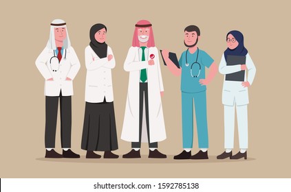 Set Illustration Arabian Medical Team, Doctor and Nurse Chacter Design Cartoon