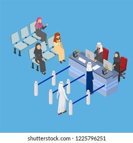 Set illustration arabian people queue at the bank teller to make transactions, Isometric 3D flat vector