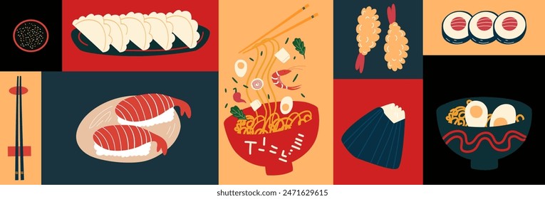 Un conjunto de ilustración de la comida asiática. Elementos de comida japonesa y china.