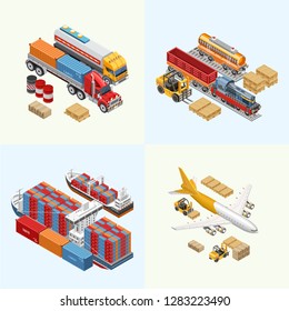 Set of illustration of assorted freight vehicles and vessels working in delivery service