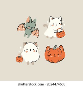 set illustration for the autumn holiday halloween! cute kittens ghosts, pumpkins and bat! You can use the set as a sticker, poster or print for clothes or whatever you like! hand graphics