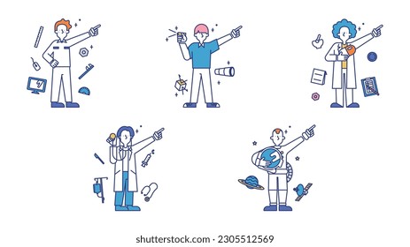 It is a set illustration B of a man who works in a wide variety of science jobs.