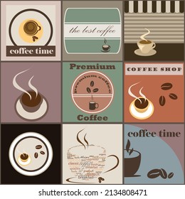 Set of illustration backgrounds with coffee beans, mugs and cups in vintage colors for industrial use