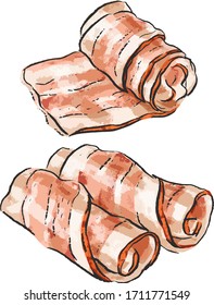 Set illustration with bacon, jamon, prosciutto, sliced pieces of meat