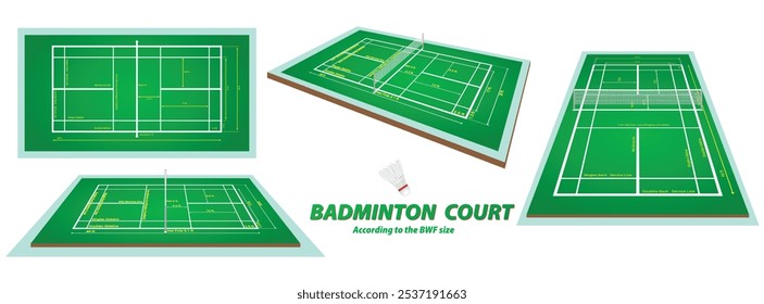 Ilustración de conjunto de una cancha de bádminton con medidas que se adhieren a los estándares BWF (Federación Mundial de Bádminton). La Imagen incluye vistas superiores y anguladas de la cancha, mostrando dimensiones para solteros y