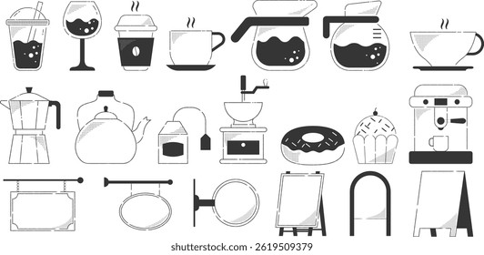 Set illustration of Bakery and Coffee. Icons. Abstract geometric line background. Café  element. Illustration for cover design, food package, menu, background, café wall, coffee shop, web banner.