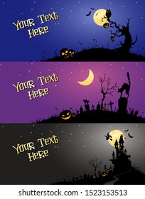Set of illustration banner of halloween night backgrounds, consists owl, dead tree, cats, castle, pumkins, bats, skulls, witch, bats, grass, cemetery presented in simple style and calm background.