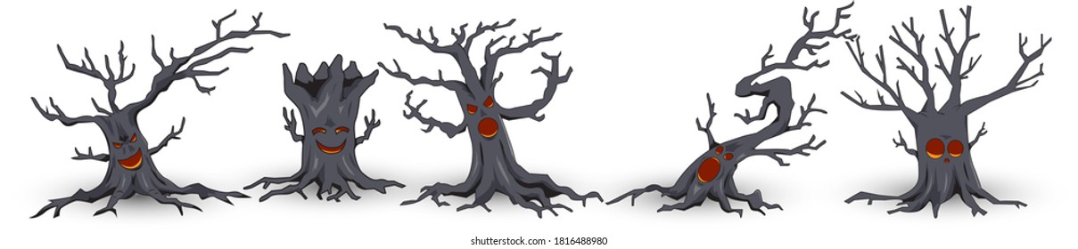Set illustration of a bare spooky scary Halloween tree.