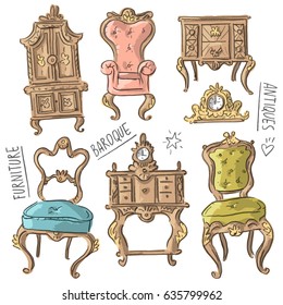 Set illustration with baroque furniture and lettering