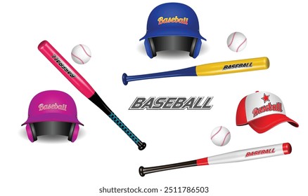 Set illustration of baseball equipment featuring helmets, bats, and balls. The image showcases various items used in the sport, including colorful helmets in blue, pink, and red, along with baseball