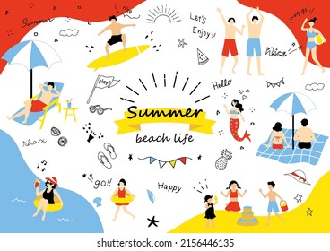 set illustration of beach item icons and people enjoying beach life