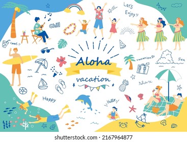 set illustration of beach item icons and people enjoying beach life