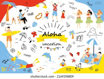 set illustration of beach item icons and people enjoying beach life