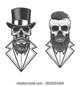Set of Illustration of bearded hipster skull in vintage monochrome style. Design element for logo, emblem, sign, poster, card, banner. Vector illustration