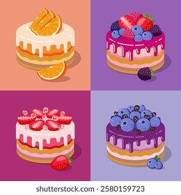 Set of Illustration of beautiful cakes with fruit and beriies, jam and glaze a  different backgrouns. Vector illustration.