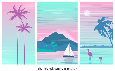 Set illustration of a beautiful colorful seascape with a sailboat,palm trees and flamingos.Vector illustration.