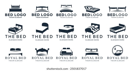 Conjunto de ilustración de logotipo de cama y concepto de forma de silueta con diseño de Vector de almohadas.