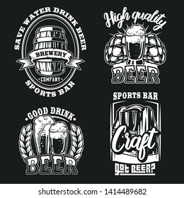 Set illustration of beer on dark background. Text of each logo are in separate groups. Ideal for printing on fabric and various sports and beer bar decorations